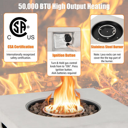 34 Inch Square Concrete Propane Fire Pit Table with Lava Rocks and Cover 50,000 BTU