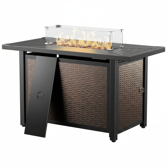 43 Inch Fire Pit Table, Propane Gas Fire Pit Table with 50,000 BTU, Outdoor Patio Firepit Table with Glass Wind Guard, Rectangle Fire Table for Patio, Deck, Backyard