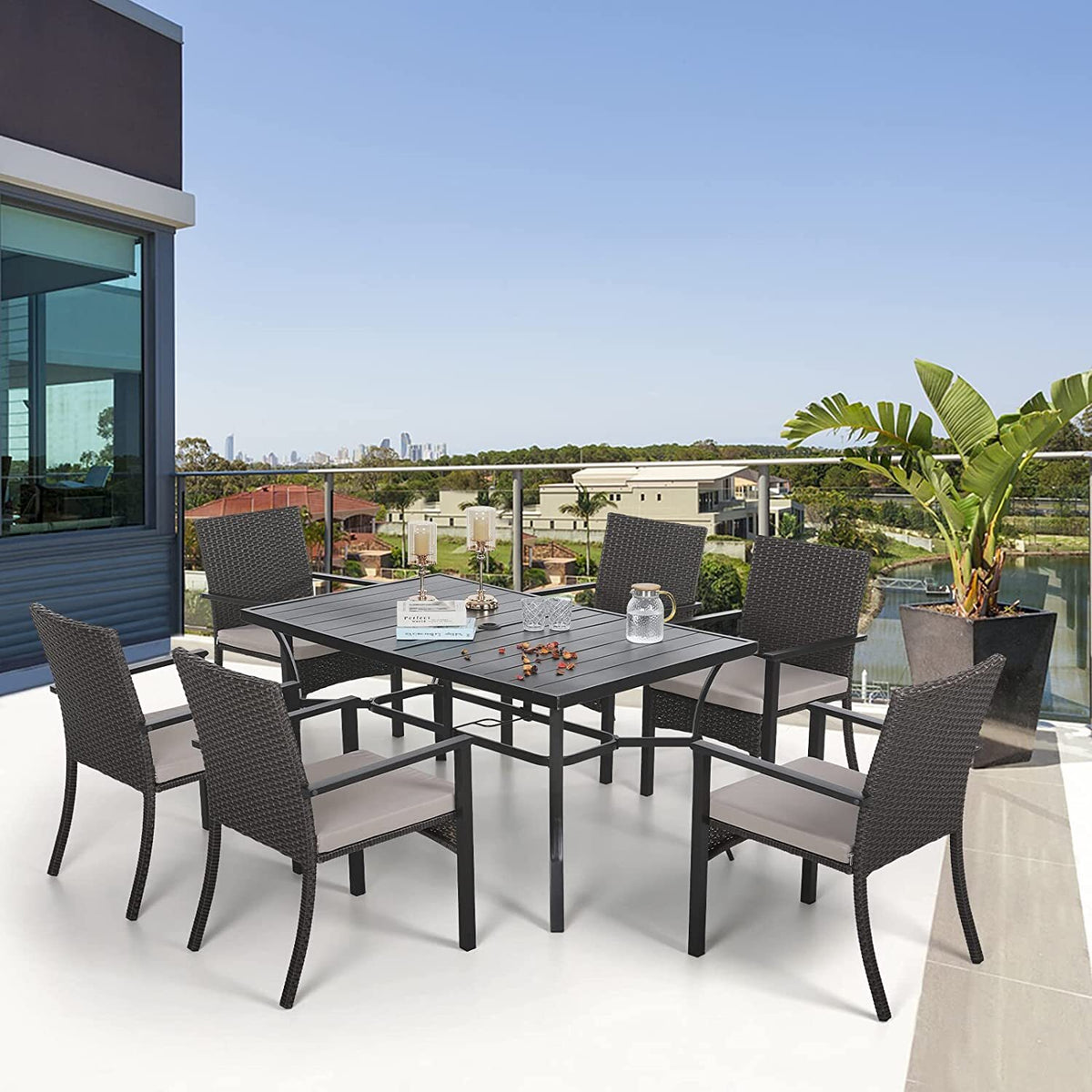 7Pcs Outdoor Dining Set Rectangular Table Patio Dining Set Rattan Wicker Chairs