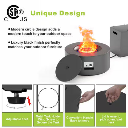 30 In. round Propane Fire Pit Table 50,000 BTU Gray Outdoor Fire Table with Lid, Rocks and Cover-Backyard Fire Pit
